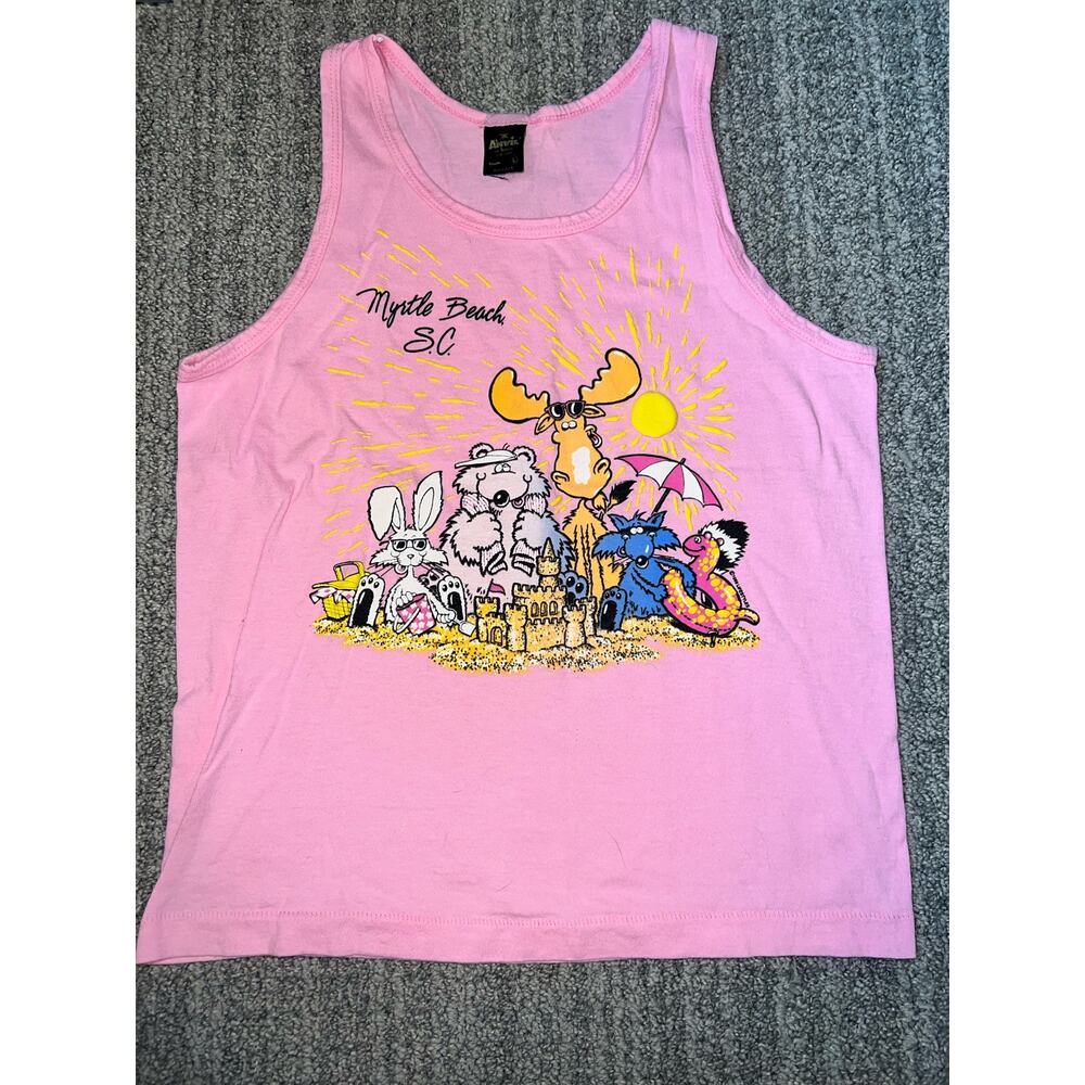 1989 Myrtle Beach puffy paint  Pink Tank Top Anvil. youth large. single stitch